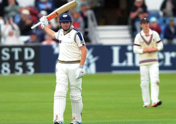 Yorkshire's Jonny Bairstow acknowledges reaching his 50 at Headingley on Wednesday.
Picture: Jonathan Gawthorpe.