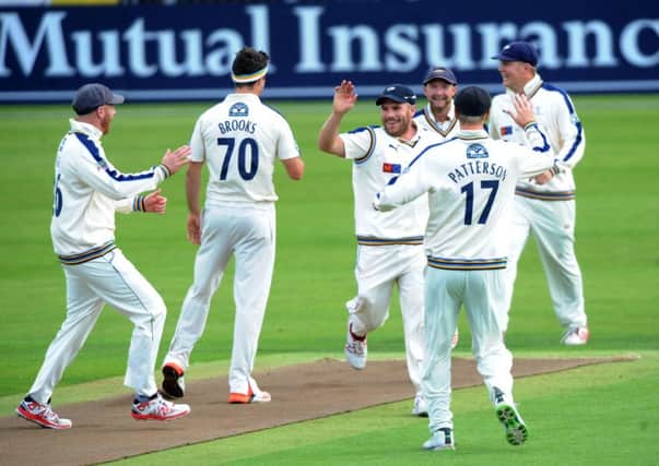 Yorkshire's players celebrate another Somerset wicket at Headingley.
Picture: Jonathan Gawthorpe.