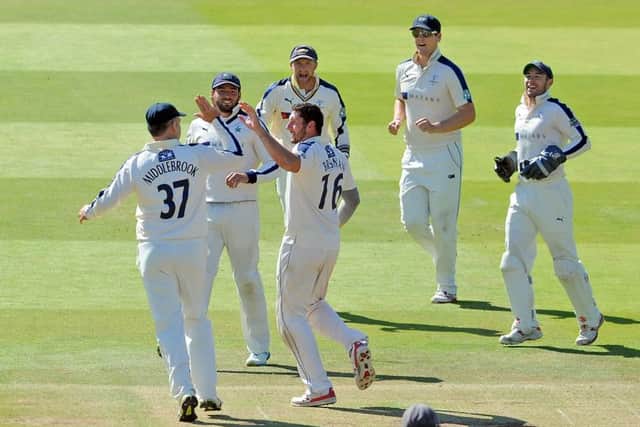 Yorkshire's Tim Bresnan celebrates taking the wicket of Sam Robson. Picture: Tony Johnson.