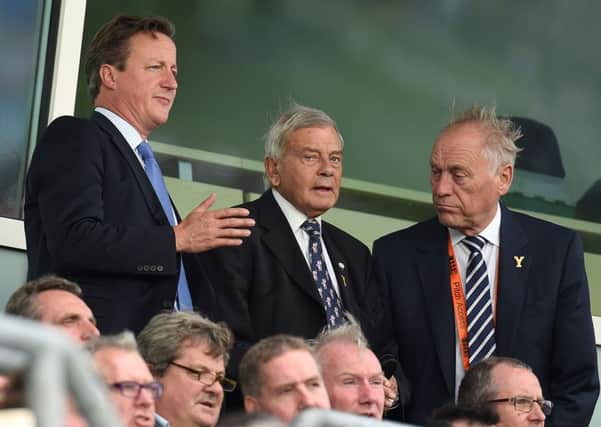 David Cameron talks with Sir Dickie Bird at Headingley Carnegie Cricket Ground, Leeds, shortly after his gaffe.