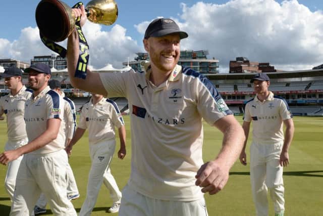 Yorkshire captain Andrew Gale lifts the County Championship trophy at Lord's.