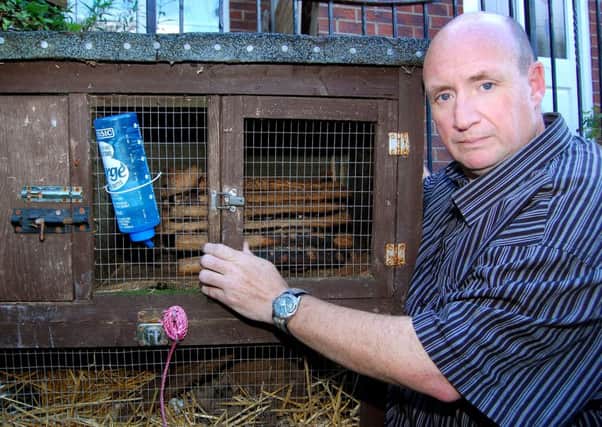 Frank O'Neill with Nebula the Ferret's empty cage after she was attacked and killed.