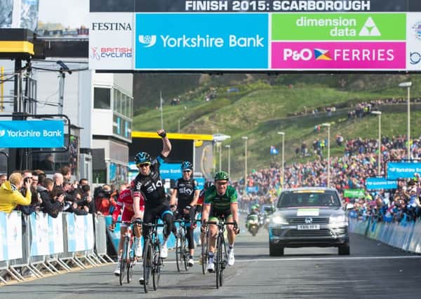 Picture by Alex Whitehead/SWpix.com - 01/05/2015 - Cycling - 2015 Tour de Yorkshire: Stage 1, Bridlington to Scarborough - Lars Petter Nordhaug of Team Sky crosses the finish line in first place to win Stage 1 in Scarborough.
