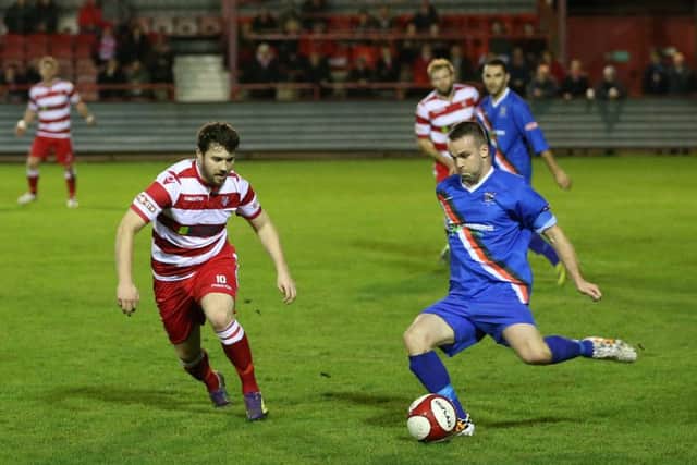 Ryan Blott closes in on Whitbys former Boro defender Liam Shepherd, above, while, Paul Foot, below, has been impressed with the Athletic man