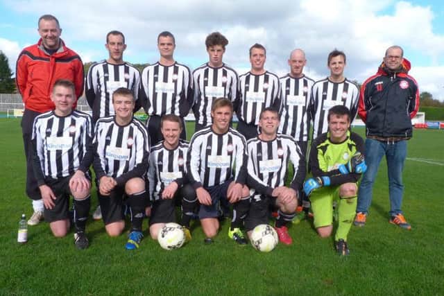 Sherburn Football Club who were reformed last season and play in the third division in the Scarborough & District League. Rear, left to right: Andy Adamson (Player/Manager), Shaun Ward, Steven Frederiksen, Harry Walmsley, Adam Spaven, Jordan Wharton, Sam Rackham, and Lee Jacks. Front row: Carl Sample, Stuart Pickard, James Fletcher, Richard Malthouse, Paul Mills, and Matt Whitehall.