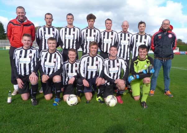 Sherburn Football Club who were reformed last season and play in the third division in the Scarborough & District League. Rear, left to right: Andy Adamson (Player/Manager), Shaun Ward, Steven Frederiksen, Harry Walmsley, Adam Spaven, Jordan Wharton,  Sam Rackham, and Lee Jacks. Front row: Carl Sample, Stuart Pickard, James Fletcher, Richard Malthouse, Paul Mills, and Matt Whitehall.