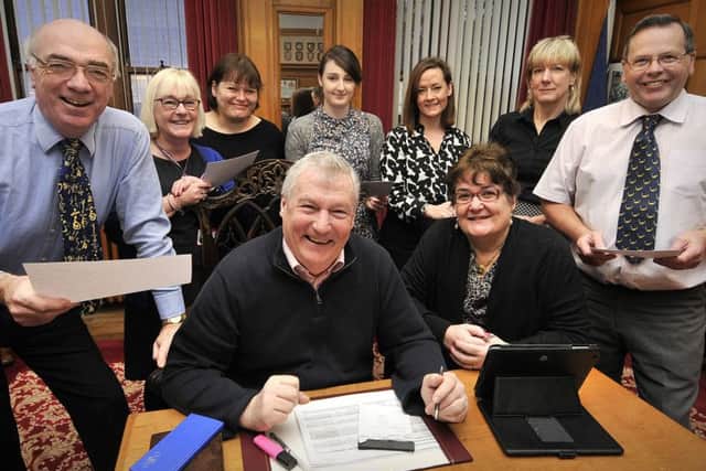 Boro big thankyou awads discussion at the Town Hall. Mike Cockerill, Diane Cross,Helen Percival, Poppy Kennedy , Susan Stephenson,Mayor Tom Fox , Ros Fox , Joe Plant . pic Richard Ponter 160302a