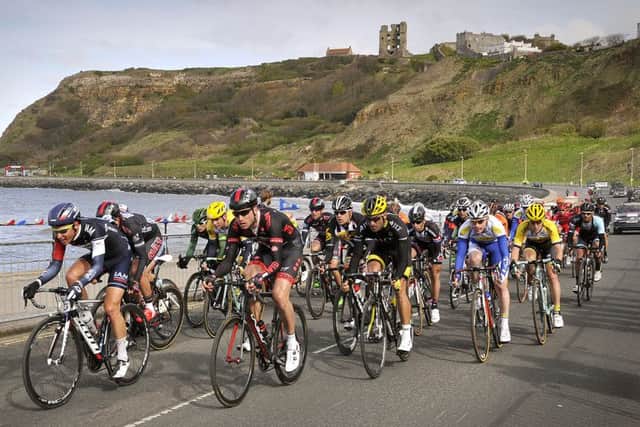 Tour de Yorkshire. The cyclists ride to the finish at Scarborough's North Bay. pic Richard Ponter 151726a