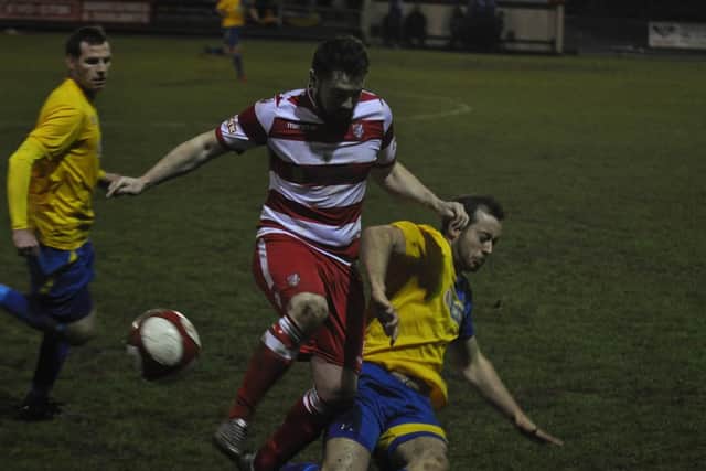 Ryan Blott tries to win the ball for Boro