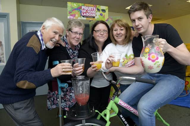 Shopmobility shop on Somerset Terrace Scarborough Launch of the Fruits of Yor Labour in aid of Shopmobility. PA1603-12c Pictured with the Smoothie Bike Bill Whittles (chairman), Eleanor Gabriel (trustee), Kelly Bennett (project co-ordinator), Wendy Smith (manager), Dan Hargraves (from Hedge-Hoggers  Cider)