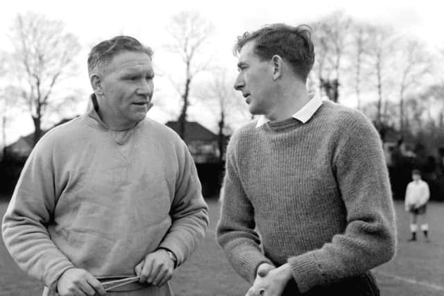 File photo dated 03/05/1961 of  Bill Nicholson (left) and Spuirs' captain Danny Blanchflower. Tottenham's legendary manager Nicholson has died, aged 85, after a long illness. Nicholson, who led Spurs to their double-winning triumph in 1961, passed away peacefully at a Hertfordshire hospital early Saturday October 23 2004. Nicholson also guided Spurs to become the first British club to win a European trophy when they landed the Cup Winners' Cup in 1963. See PA story SOCCER Tottenham Nicholson. PA Photo