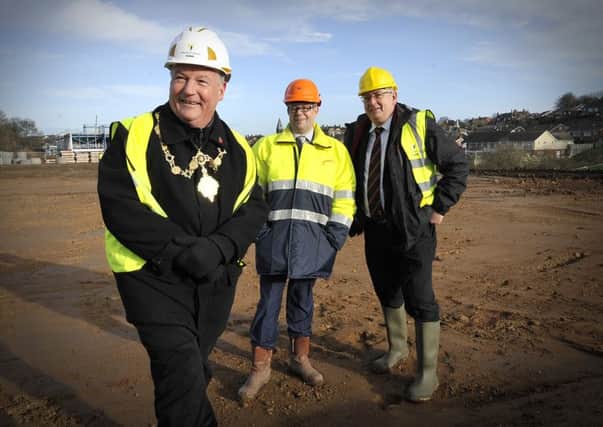 Scarborough Leisure Village ceremony. Viewing the site Mayor of Scarborough Tom Fox, Project Manager Chris Bourne,Scarborough Athletic Football Club Chair Dave Holland  pic Richard Ponter 160416d