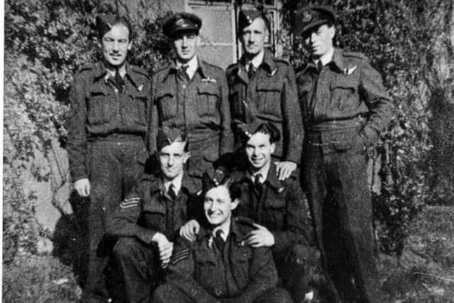 Crew of C8-P (Peter). Back (L-R): Sgt Graham Leitch(rear gunner); F/O Hugh Barkley (pilot); Sgt Alf Elkington (flight engineer); F/O Lindsay Sommerville (bomb aimer). Front (L-R): Sgt Derek Brown (mid-upper gunner); Sgt Bill Jackson (navigator); F/Sgt Jock Smart (wireless operator).