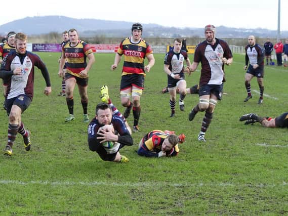 Scarborough RUFC stalwart Graeme Jeffrey touches down to give his side the lead just after half-time. Picture: Andy Standing