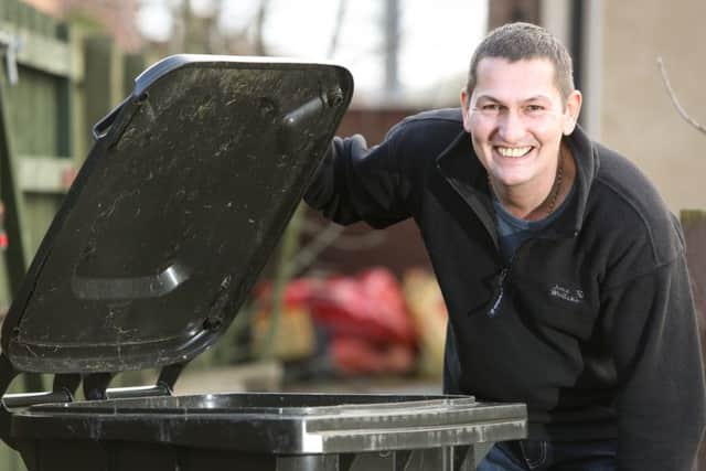 Ian Dowson, 50, from Whitby who is selling his wheelie bin on eBay for £10 after the council began charging for collections. February 15 2016, See Ross Parry copy RPYBIN A vexed resident is flogging his own recycling bin on eBay after tight-fisted council bosses asked him to pay EXTRA for the collection of garden waste. Ian Dowson, 50, an oil worker, bought the bin from Scarborough Borough Council three years ago for a one-off payment of #20 - but now the local authority are charging residents an annual payment of #36 for them to provide the same service. And now gutsy Ian wants to get ahead of the tide and sell his large plastic wheelie bin online so he can get his money back.