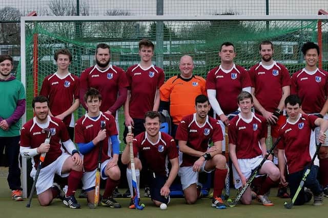 Scarborough Hockey Men's 1st Team V Bradford University at Scarborough College Sun 7th Feb 2016. TEAM PHOTO: Back Row - Sam Echevarria, Joe Cook, Aaron Dyson, Laurence Webb, Tim Allison, Rikki Lawrence, Mike Waterfield, and Chris To. Front Row - Chris Tait, Harry Renwick, Tim Erkiert, Mike Humphries, Jay Meatheringham, and Josh Briggs.