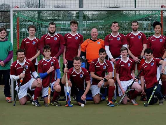 Scarborough Hockey Men's 1st Team V Bradford University at Scarborough College Sun 7th Feb 2016. TEAM PHOTO:  Back Row - Sam Echevarria, Joe Cook, Aaron Dyson, Laurence Webb, Tim Allison, Rikki Lawrence, Mike Waterfield, and Chris To. Front Row - Chris Tait, Harry Renwick, Tim Erkiert, Mike Humphries, Jay Meatheringham, and Josh Briggs.