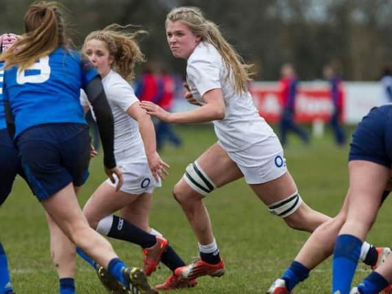 Zoe Aldcroft gets on the ball during England's 25-25 draw with France on Saturday