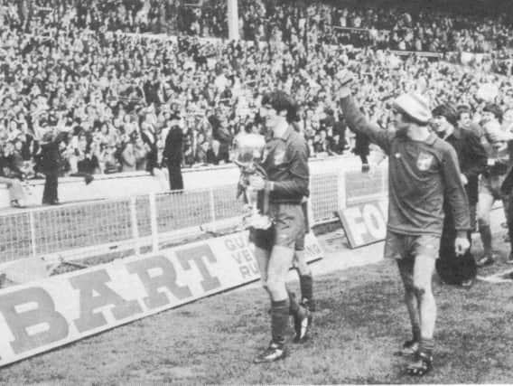 Scarborough FC in their heyday. Harry Dunn with the FA Trophy leads the lap of honour after the 3-2 victory over Stafford Rangers at Wembley.