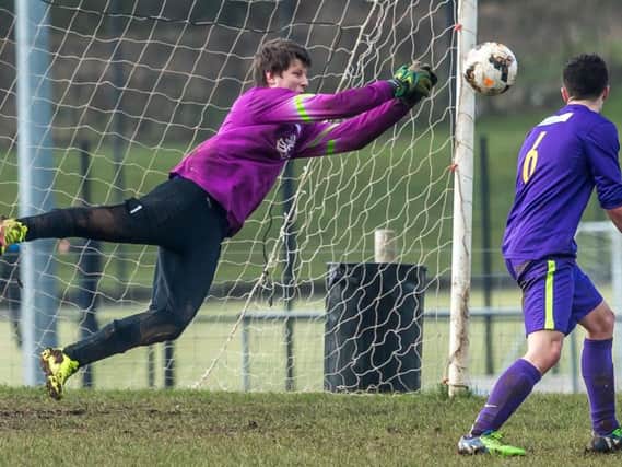 Goal Sports keeper Stefan Campbell makes a flying save in his side's defeat at Sleights Reserves last weekend