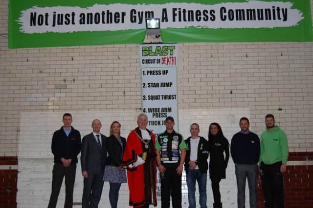 Steve Tighe with some of his sponsors, and Bridlington mayor Coun John Copsey