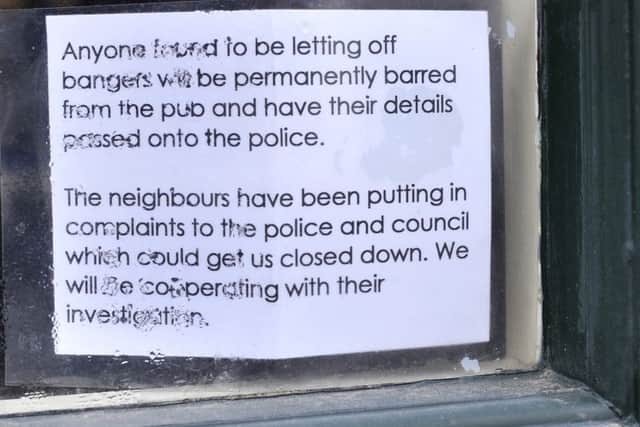 The message regarding fireworks in the window at The Nelson Inn.pic Richard Ponter 161107b