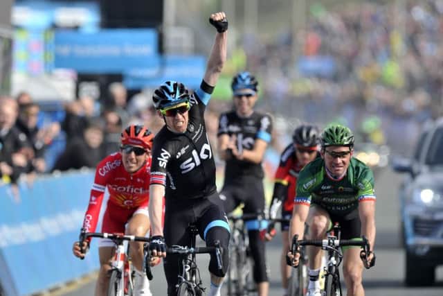 Lars Petter Nordhaug (Team Sky) wins the opening stage at the Tour de Yorkshire in Scarborough. The Norwegian was a part of a five-rider breakaway that made it to the finish line where he out sprinted his rivals. Thomas Voeckler (Europcar) finished second in the sprint and Stephane Rossetto (Cofidis) was third. Tour de Yorkshire Stage 1- Bridlington to Scarborough. 1 May 2015. Picture Bruce Rollinson