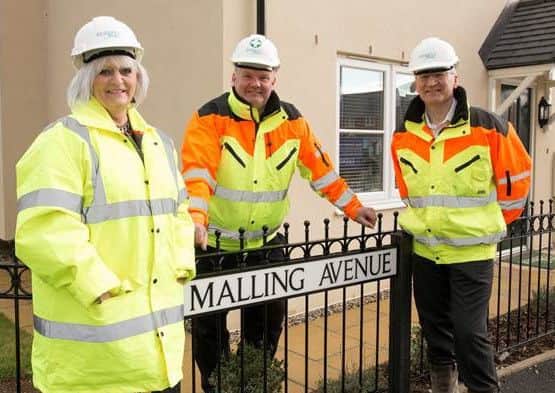 Linda Tillisch, Andrew Ramsay and Stephen Russell reveal the street plates at Cornelian Fields