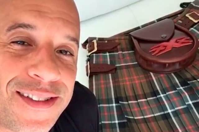 Hollywood actor Vin Diesel with his weathered Sinclair Hunting tartan kilt gifted to him from co-star Rory McCann after he found out about the stars Scottish heritage. See Centre Press story CPVIN; Hollywood action star Vin Diesel has got in touch with his Scottish heritage after he was gifted a specially designed kilt. The actor, real name Mark Sinclair, was gifted the kilt by Scottish co-star Rory McCann. The pair are due to appear in next years xXx: The Return of Xander Cage. Rory, famous for his portrayal of Sandor Clegane in Game of Thrones, has built a friendship with Vin since they met on the set of the movie. When he discovered Vins real name, he called his friend Brian Halley who owns the Slanj kilt shop in Glasgow.