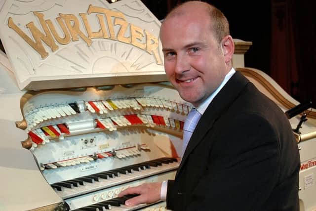 Organist John Bowdler seated at the world-famous Wurlitzer organ in the Tower Ballroom at Blackpool