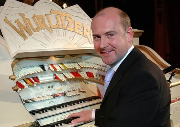 Organist John Bowdler seated at the world-famous Wurlitzer organ in the Tower Ballroom at Blackpool