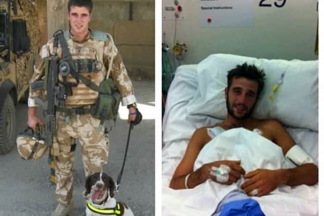 James Wilkinson serving at Camp Bastion, Afghanistan in 2009 (left) and in Birmingham Hospital after being injured in a blast (right). Gemma Cook and James' partner Rebecca Robinson are organising a summer ball on Armed forces Day in aid of Help for Heroes. 5th April 2016. 161501d Picture: Ceri Oakes