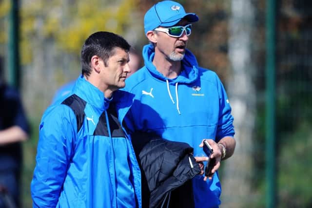 Yorkshire CCC coach Jason Gillespie chats to director of cricket, Martyn Moxon. during a pre-season nets session.
Picture: Jonathan Gawthorpe.