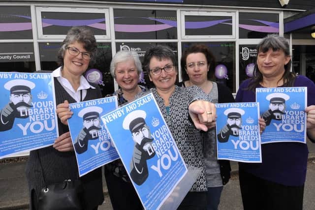 Scalby Library saved by workers and volunteers. Judy Woodruffe,June Watson,Isobel Nixon,Kelsey Hodgson,Jackie Thompson. .pic Richard Ponter 161504b