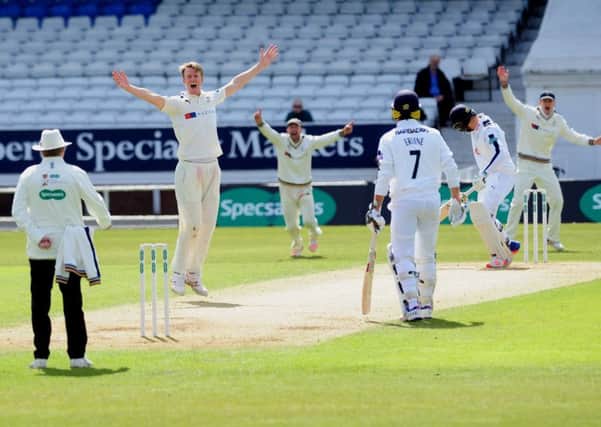 Yorkshire's Steven Patterson gets the wicket of Hampshire batsman James Vince. Picture: Simon Hulme