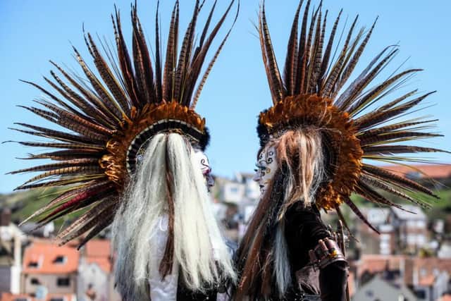 Joanna Martyn and Kate Wright from Hull show of their amazing feather head-dresses at the April Whitby Goth Weekend. April 23 2016. Picture: Ceri Oakes w161750h