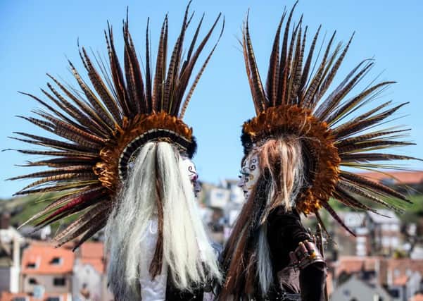 Joanna Martyn and Kate Wright from Hull show of their amazing feather head-dresses at the April Whitby Goth Weekend. April 23 2016. Picture: Ceri Oakes w161750h