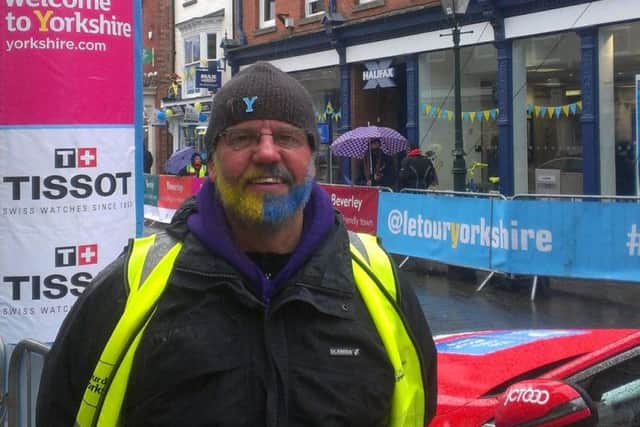 Tourmaker David Broughton has dyed his beard blue and yellow for the Tour de Yorkshire