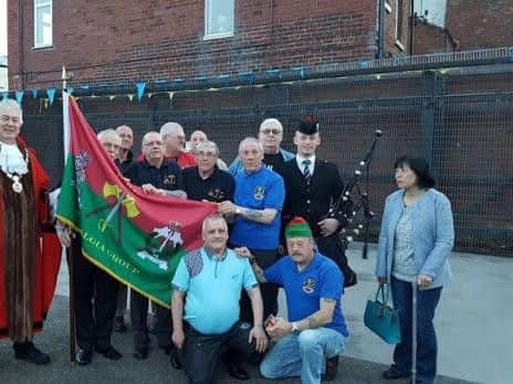 From left, Bridlington's new mayor Cllr Liam Dealtry, former mayor John Copsey and members of the Royal Pioneers Nostalgia Group