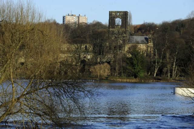 Flooded River Aire and Kirkstall Abbey at Bridge Road.  27 December 2015.  Picture Bruce Rollinson