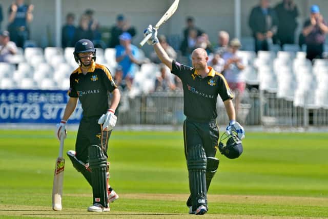 Adam Lyth celebrates his century for
Yorkshire Vikings against Northamptonshire Steelbacks at Scarborough (Picture: Bruce Rollinson).