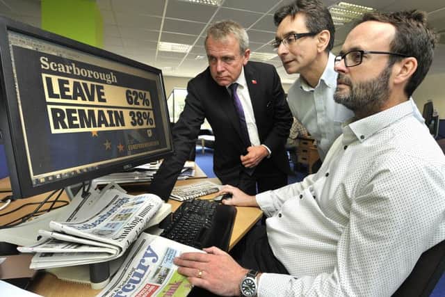 MP Robert Goodwill visits The Scarborough News office after the vote, meeting editor Ed Asquith and content editor Steve Bambridge .pic Richard Ponter 162718
