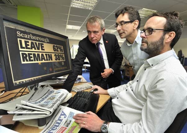 MP Robert Goodwill visits The Scarborough News office after the vote, meeting editor Ed Asquith and content editor Steve Bambridge .pic Richard Ponter 162718