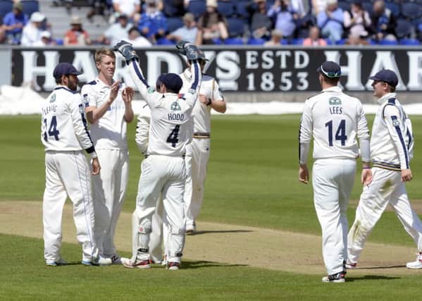 Yorkshire celebrate Steve Patterson taking Michael Richardson's wicket fin the County Championship at Durham earlier this week. Picture: Bruce Rollinson