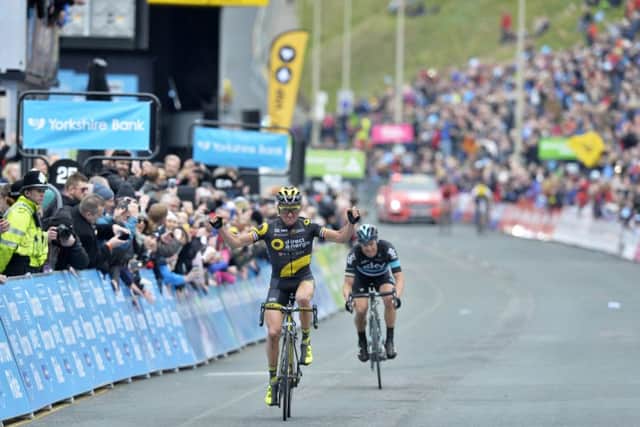 Thomas Voeckler, Direct Energie, crosses the finish line in Scarborough's North Bay to win the stage and take the overall honours from Team Sky's Nico Roche.Tour de Yorkshire Stage 3.  Middlesborough to Scarborough.  1 May 2016.  Picture Bruce Rollinson