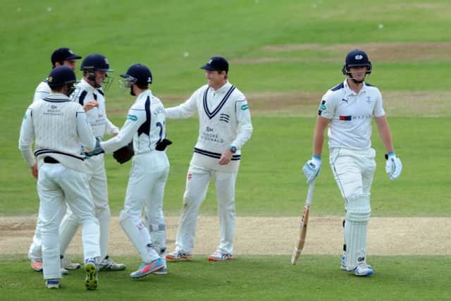 Yorkshire's Alex Lees out caught by Middlesex's John Simpson.