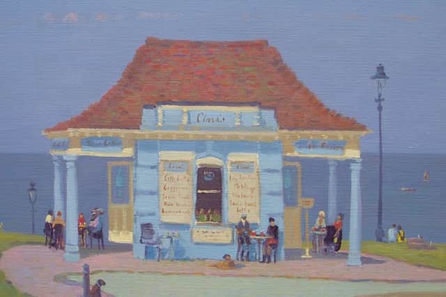 Douglas Hill's oil painting of Clara's on the West Cliff, Whitby.