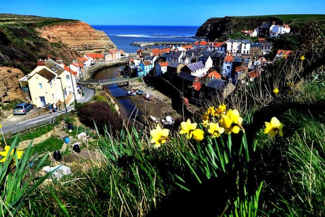 Date:21st April 2013.Possible Picture Post......The sheltered fishing village of Staithes, bounded by high cliffs and two long breakwaters in the Scarborough Borough of North Yorkshire. Formerly one of the many fishing centres in England, now a tourists destination in North Yorks Moor National Park, with recent filming by the BBC CBeebies series Old Jack's Boat, starring Bernard Cribbins and his faithful dog, Salty.Camera Details: Nikon D3's, Lens Nikon 12-24mm, Aperture F/4, Shutter Speed 1/800s, ISO 1EV under 200.