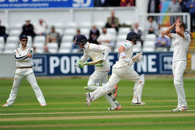 Keaton Jennings, left, and Mark Stoneman add runs for Durham against Yorkshire when the two sides met at Chester-le-Street earlier this season. Picture: Frank Reid.