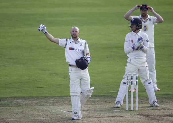 TOP MAN: Yorkshire's Adam Lyth celebrates his century against Durham on his way to an unbeaten 114. Picture by Allan McKenzie/SWpix.com